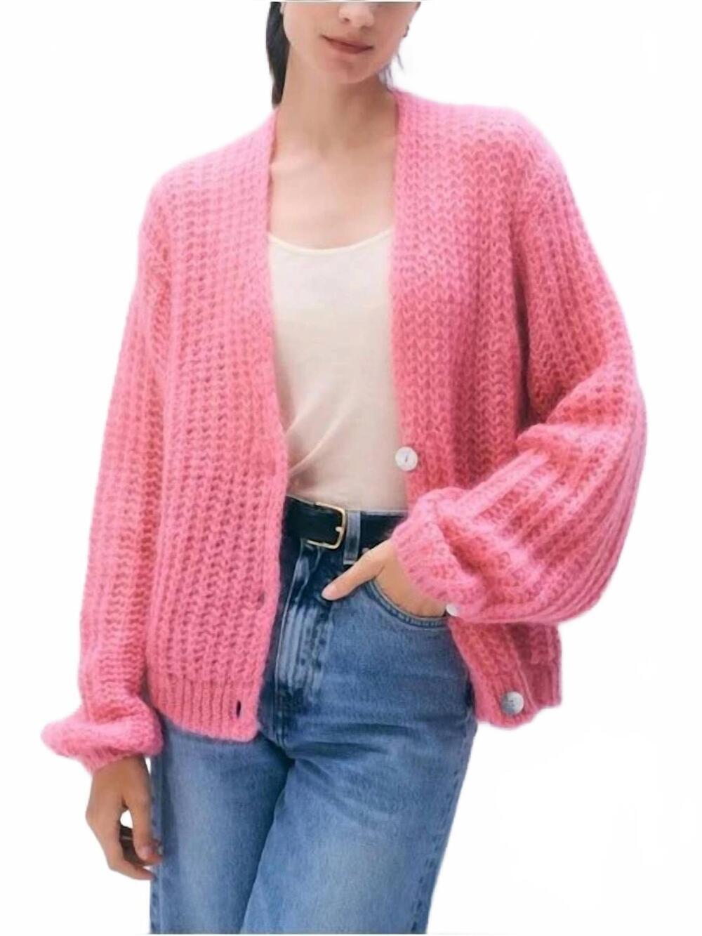NEW WHITE + WARREN women's mohair luxe cardigan in pink bloom